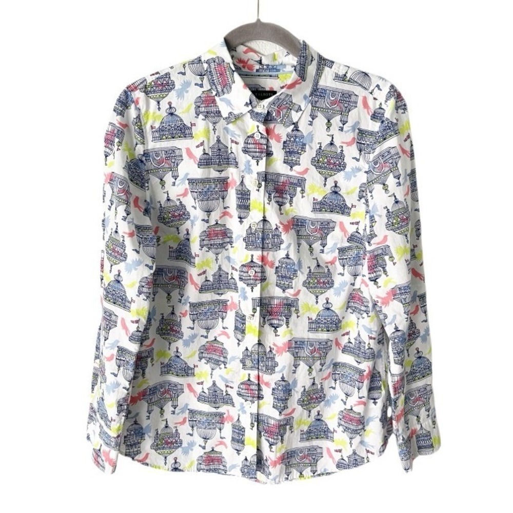 Talbots Whimsical Birdcage Novelty Print AOP Cotton Button Down Top Size Medium